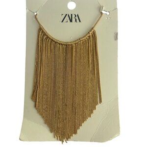 Zara Gold Tone Fringe Statement Necklace Bib Slide Adjustable 7" New on Card